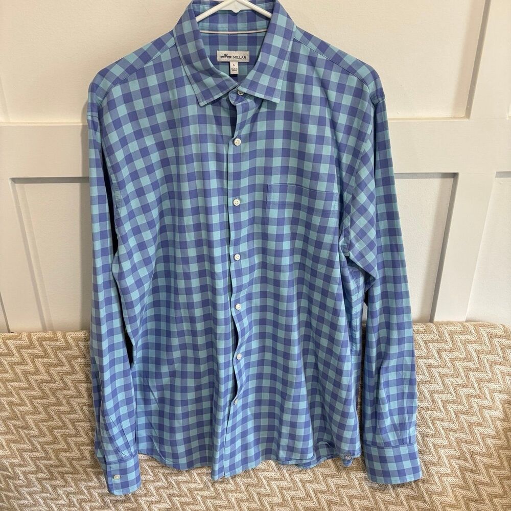 Peter Millar Men's Silk Blend Check Print Button Up Long Sleeve Shirt Blue Large